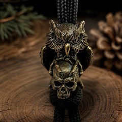 Brass Owl with Skull Bead Paracord Lanyard EDC Knife Charm Gothic