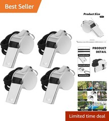 4 Pack Stainless Steel Sports Whistles with Lanyards for Coaches