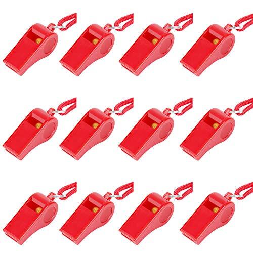 12PCS Red Emergency Whistle with Lanyard, Super Loud Plastic Whistles Bulk