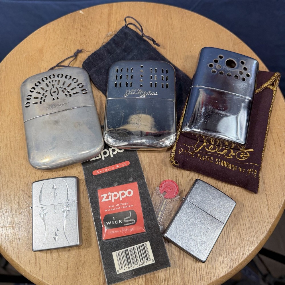 Vintage Lot of Metal Hand Warmers & Lighters, Zippo Peacock Jon-E Jc Higgins