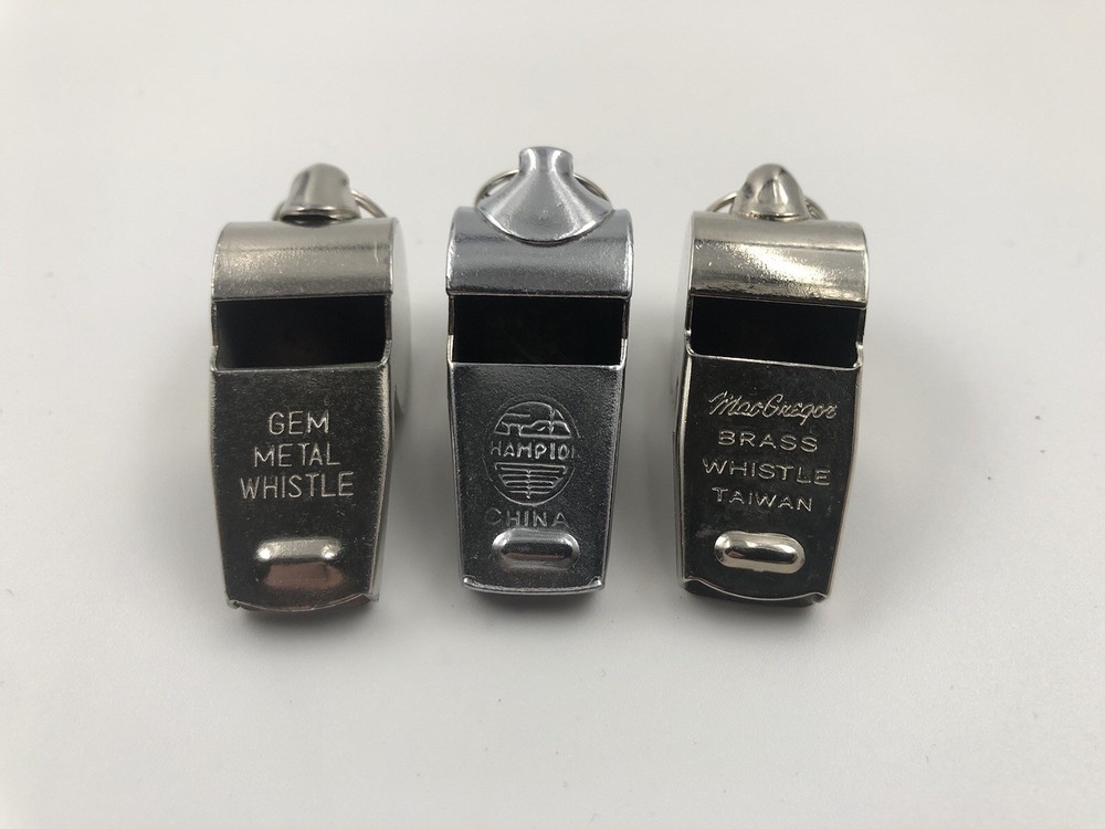 LOT OF 3 VINTAGE METAL & BRASS WHISTLES MACGREGOR CHAMPION GEM