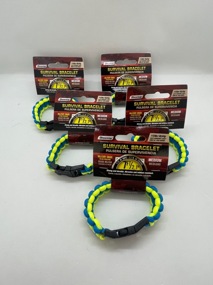 SecureLine Survival Bracelet Nylon Paracord Rope Lot of 5 – Medium, Green/Blue