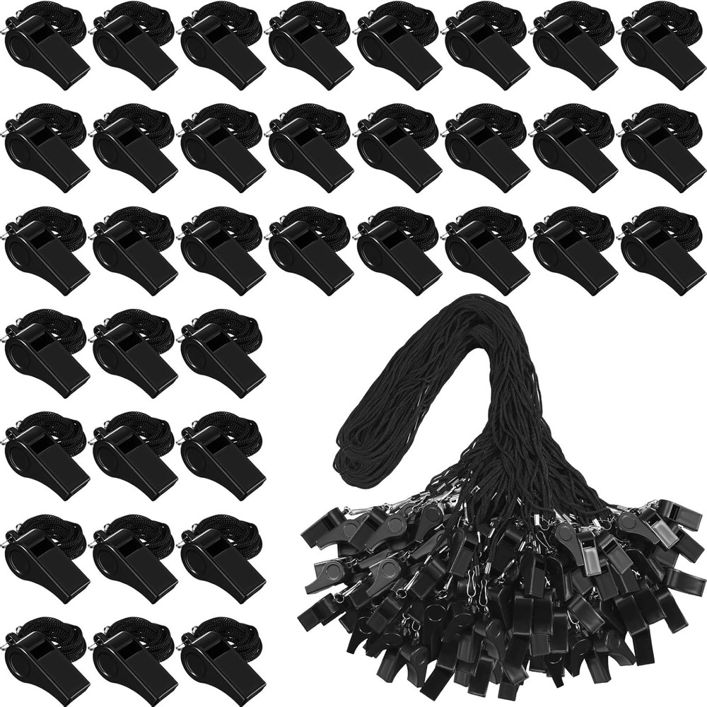 200 Pack Black Plastic Whistles with Lanyards for Sports and Training