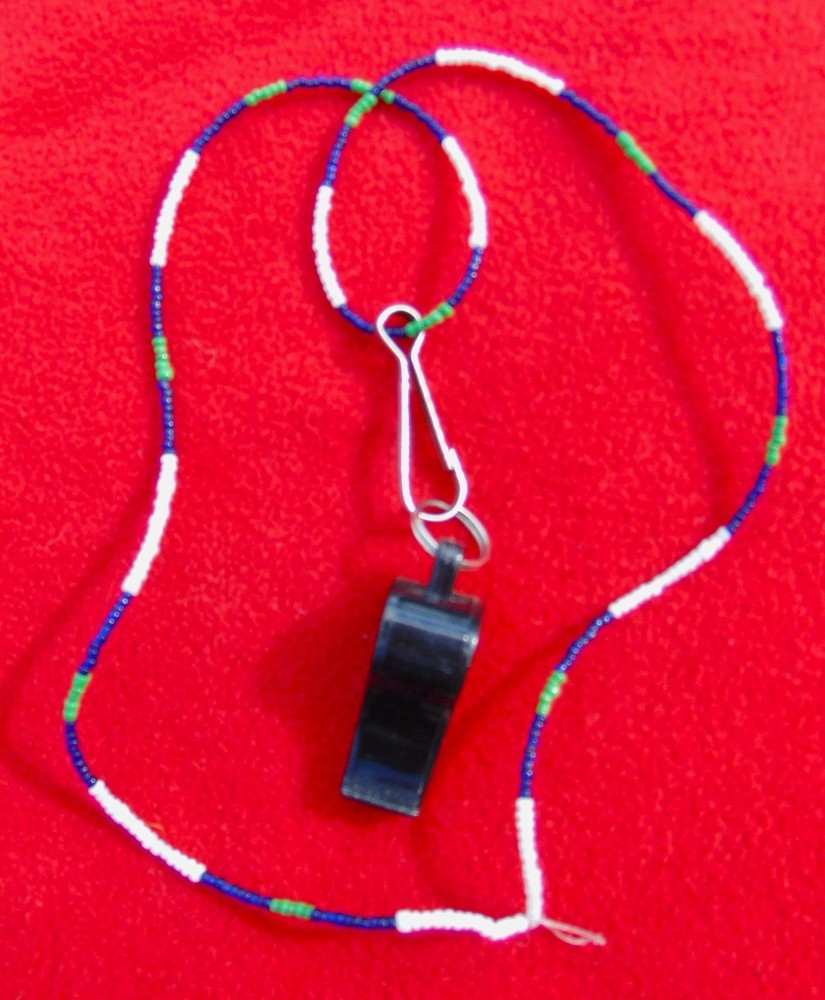 ATHLETIC BLACK PLASTIC WHISTLE ON NATIVE AMERICAN BEADED NECKLACE ~ 24″ LONG