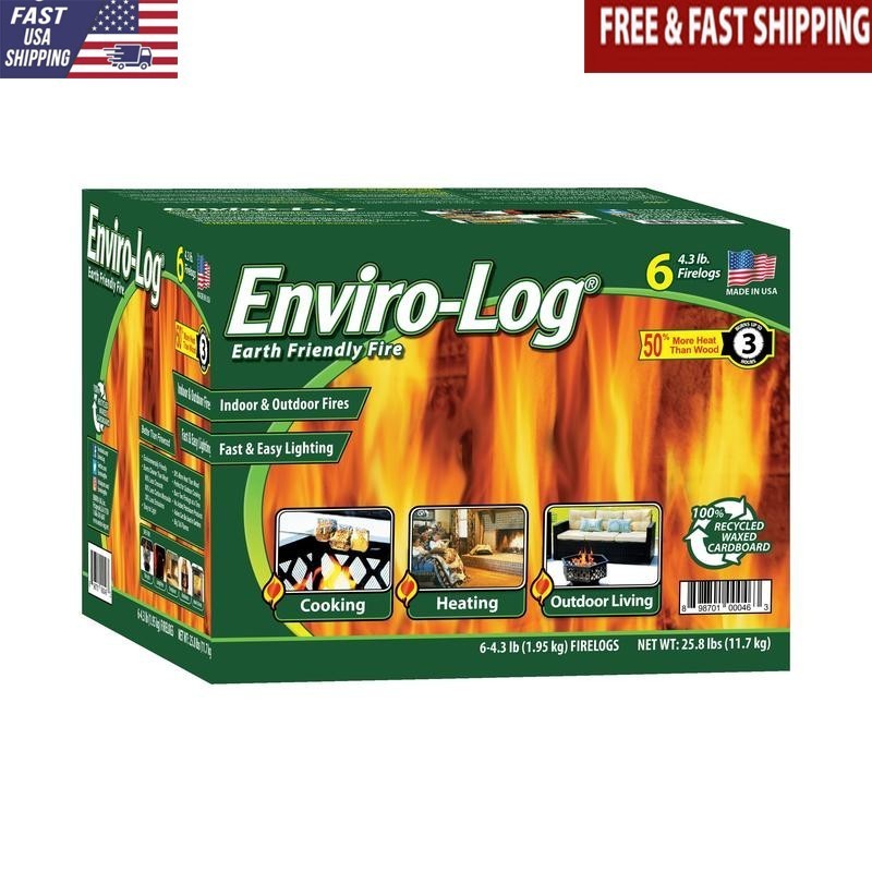 Eco-Friendly Fire Logs Indoor Outdoor 4.3 Lb Recycled Clean Burning 6 Count New