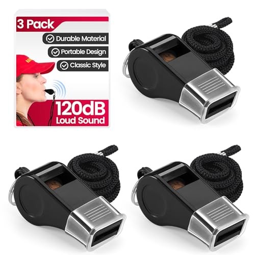 SPORTIC Whistle，3 Pack Durable Plastic Whistles with Lanyards – Loud Crisp