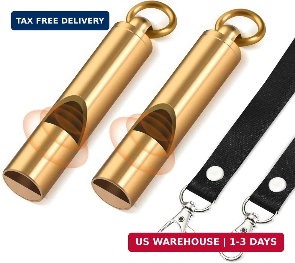 Brass Emergency Whistles 2 Pack with Tangle-Free Lanyard – Pealess Safety Whistl
