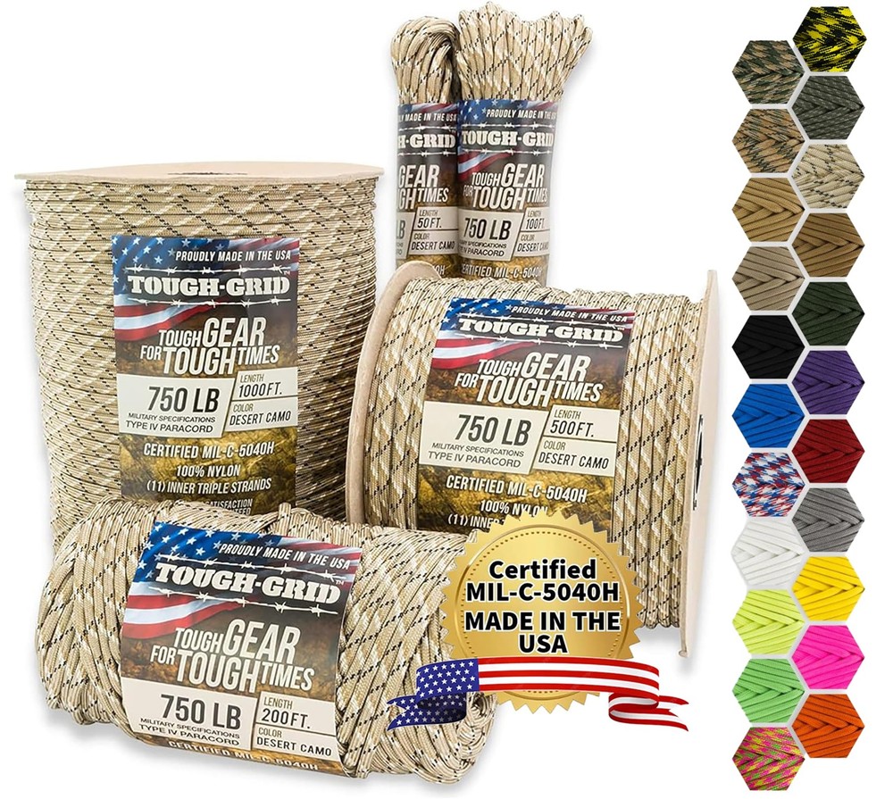TOUGH-GRID 750 Paracord Military Grade Nylon Rope – Type 200 Ft., Desert Camo