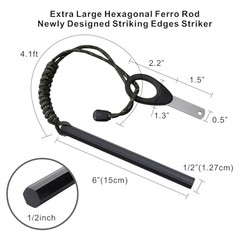 Ferro Rod Fire Starter, 6 inch X/2 inch Flint and Steel Fire Starter Kit with 1