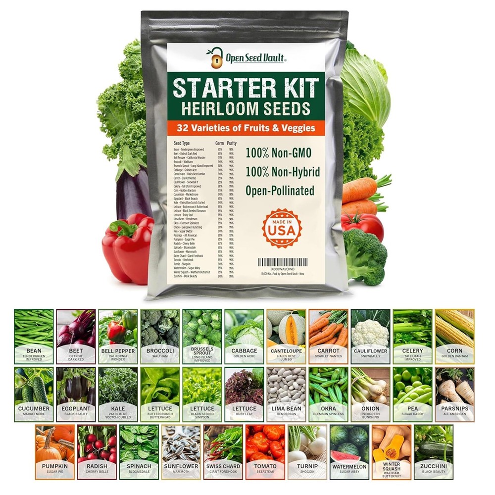 |15,000 Heirloom Seeds | 32 Types | Survival Seeds | 2026 Season | Non GMO Ve…