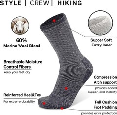 Busy Socks 3 Pack Crew Merino Wool Hiking Large-X-Large, 3 Pairs Light Grey