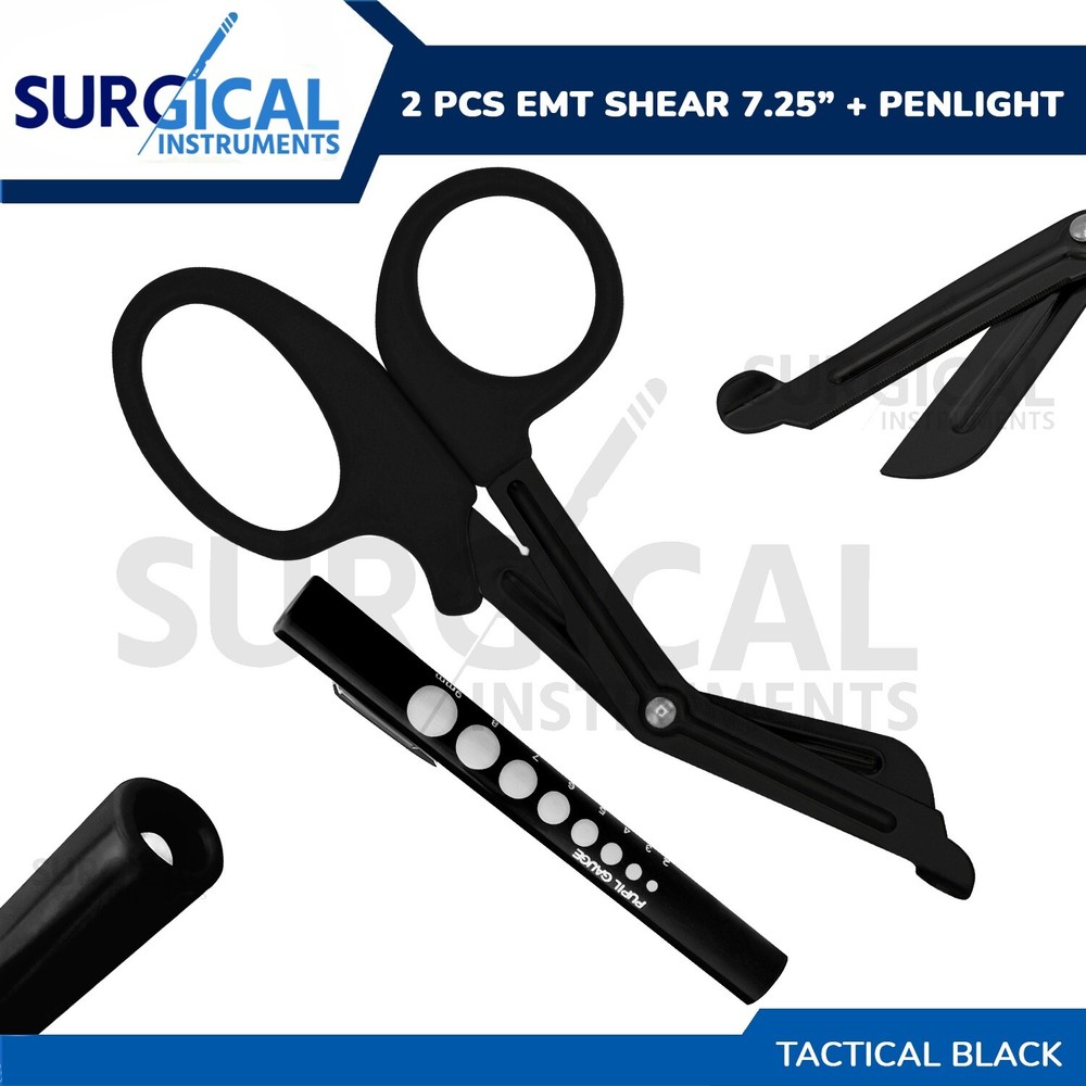 Tactical Black – Set of 2 EMT First Responder 7.25″ Shear + Penlight German Gr