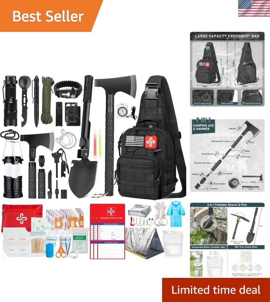 Black 262-Piece Comprehensive Survival Kit with First Aid and Crossbody Bag