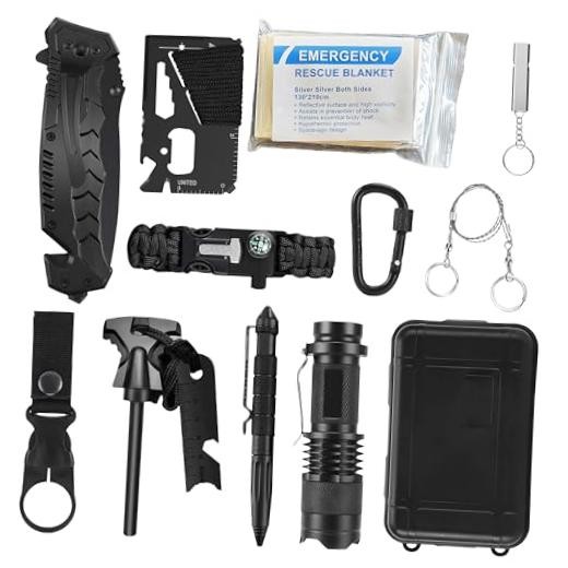 Emergency Survival Gear Kit 12-in-1 – Outdoor Adventure Equipment with LED