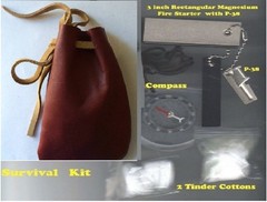 New FireSteel Kit Mag FireStarter + P31+COMPASS+WHISTLE + LEATHER POUCH+ Knife
