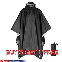 Waterproof Hooded Ripstop Rain Poncho Military Camping Hiking Raincoat Black US