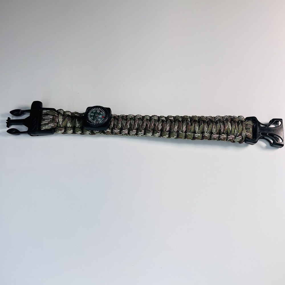 Paracord Survival Bracelet + Whistle Compass / Green Taupe Camo Outdoor Camping