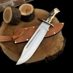 Custom Hunting Bowie Knife Antler Handle Mirror Polish Blade with Leather Sheath