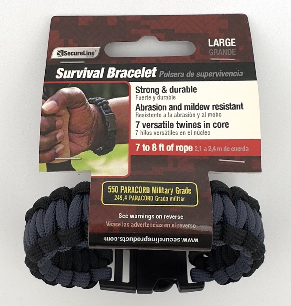 SecureLine Survival Bracelet Nylon Paracord Rope – Large, Black/Grey