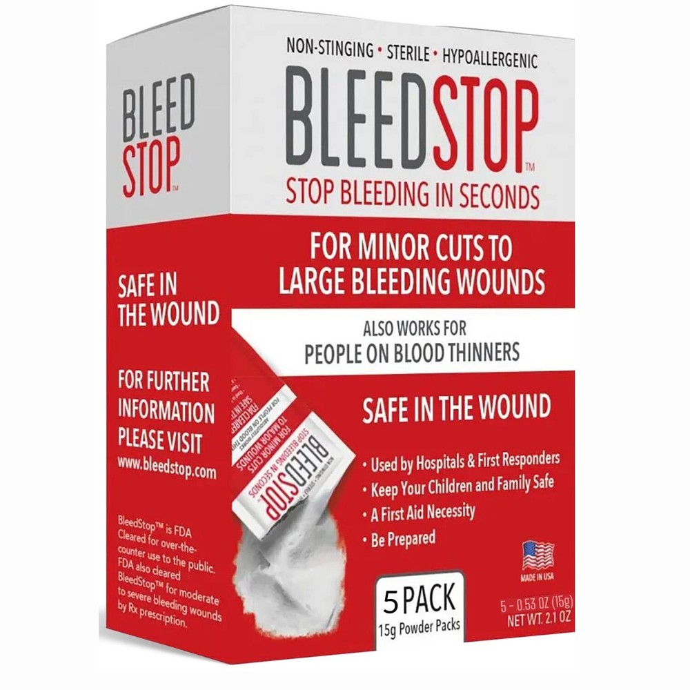 BleedStop™ First Aid Powder for Blood Clotting, Trauma Kit – 5 PK (15g) Pouches