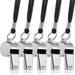 Finegood 5 Packs Stainless Steel Whistle, Metal Warning Whistle with Lanyard for