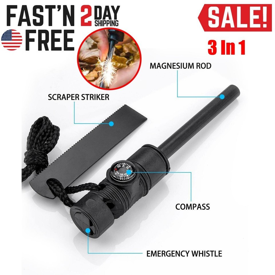 Fire Starter Kit Striker Magnesium Ferro Rod Compass Whistle Bugout Bag Survive