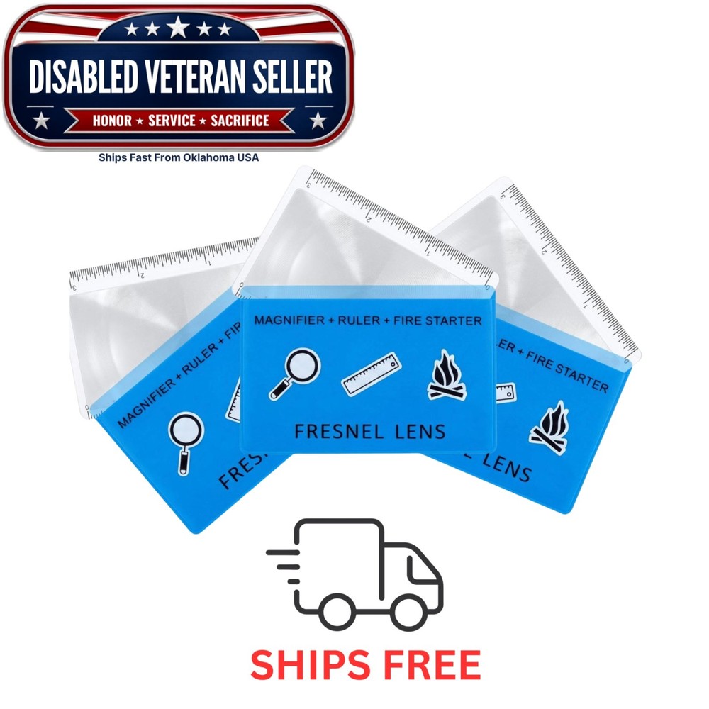 3 Pack Emergency Firestarter Credit Card Fresnel Lens BLUE Protective Sleeve