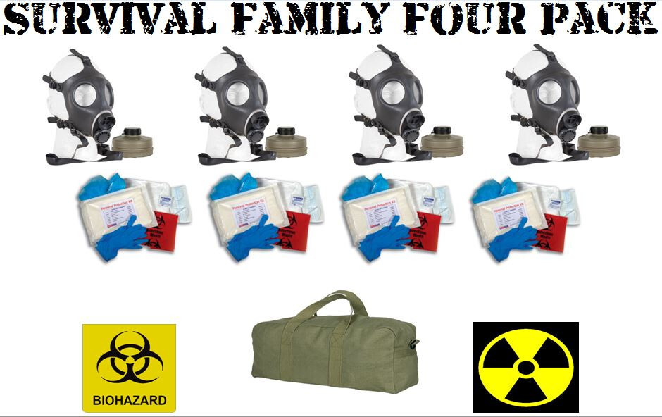 Family Survival 4 Pack – Israeli 40mm Gas Masks Hi-Risk Disease Kits and Bag NEW