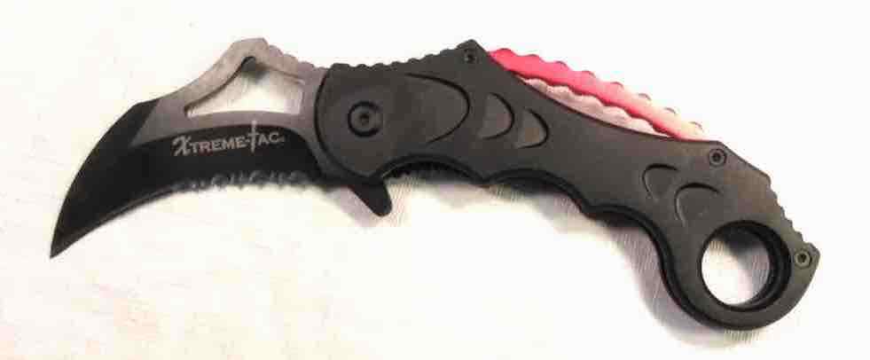 Black Tactical Spring Assist Karambit Partial Serration + Bear Claw Neck Knife