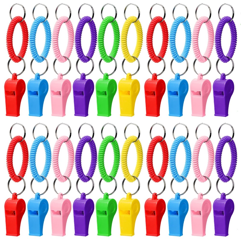 Hedume 30 Pcs Sport Whistle with Bracelet, 6 Colors Loud Plastic Whistles with S
