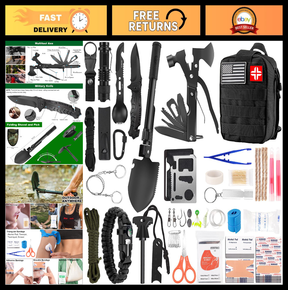 Survival Kit & First Aid Supplies – 142Pcs Gear with Molle Pouch for Camping, Hi