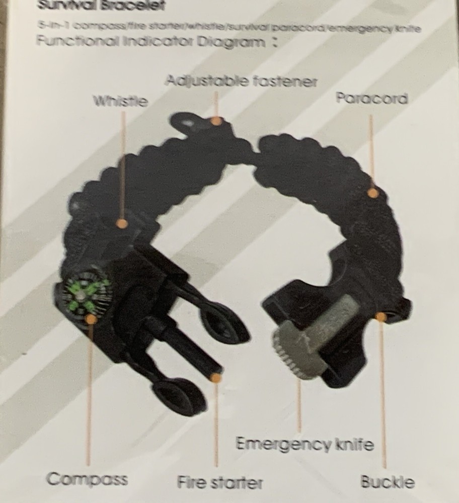 Black Paracord Tactical 5 In 1 Bracelet Emergency Survival Gear Package of 2
