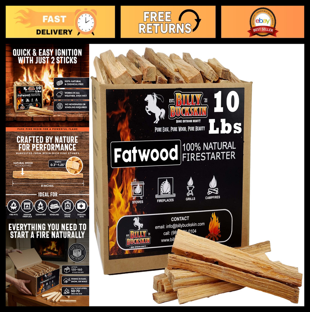 10lb Natural Fatwood Fire Starter Sticks | Easy Ignition for Campfires, BBQ, Fir
