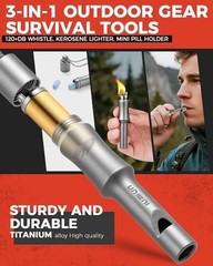 3-in-1 Fire Starter Survival Tool -Titanium Emergency Whistle, Kerosene Grey