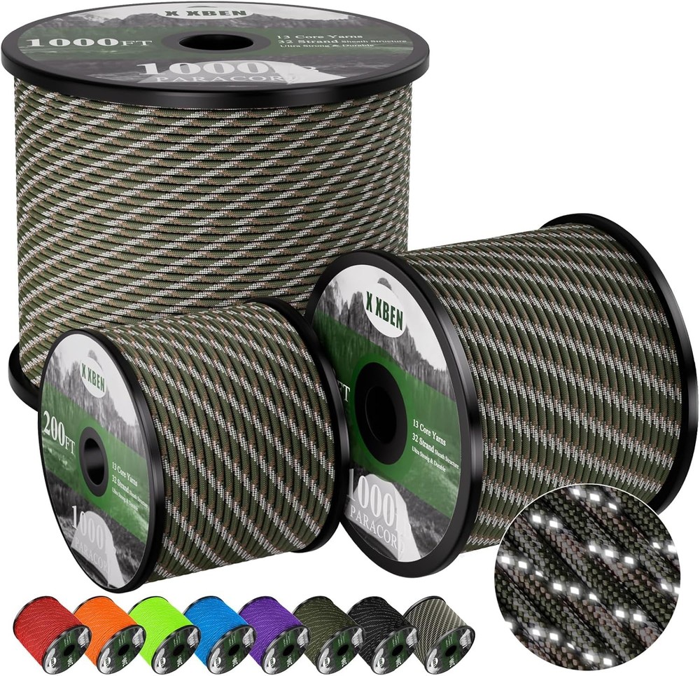 Paracord Reflective 1000lb, 50/100/200/500/1000ft 4mm, 13 Strand Parachute Cord,