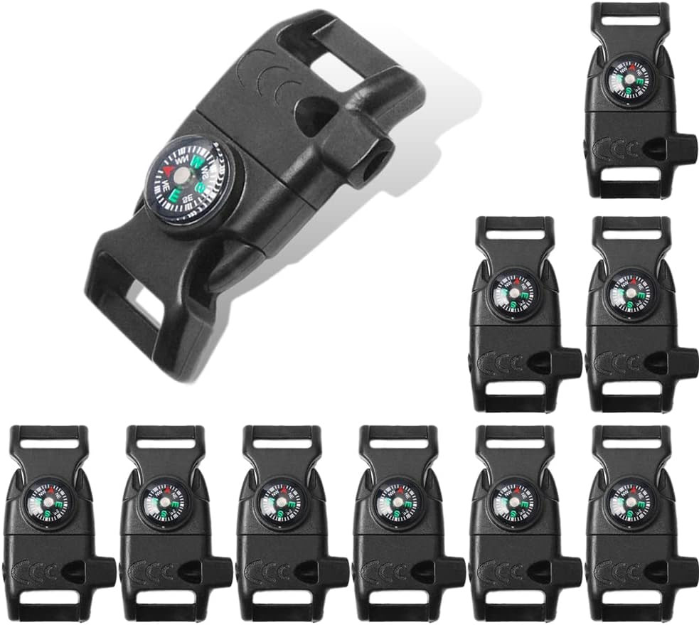 10Pcs Pack Black 5/8″ Compass Flint Scraper Fire Starter Whistle Buckle Plastic
