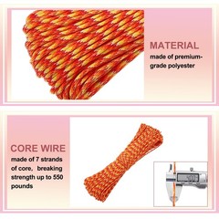 Paracord rope 550lb 200ft, for tent 4mm 7 threads orange/red/yellow