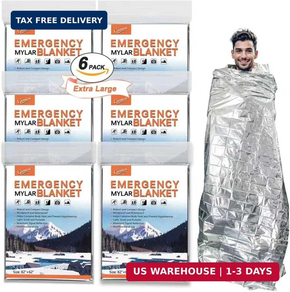 6 Pack – Large 82″ x 62″ Survival Emergency Mylar Thermal Blankets, Thermal Surv
