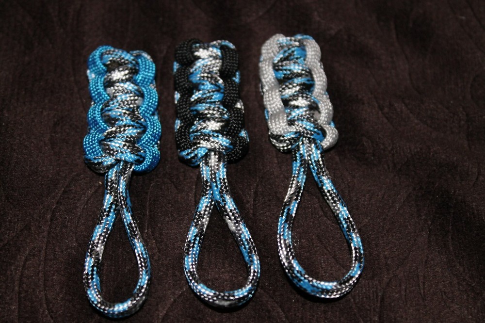 paracord zipper pull – sky dive camo, black, silver gray, cobalt blue