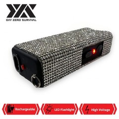 New Silver Bling Jeweled Rhinestone Rechargeable Self Defense Stun Gun