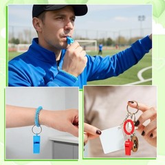 Silbato deportivo con pulsera, de plástico transparente y de sonido potente.