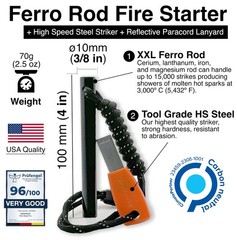 Ferro Rod Fire Starter Survival Kit, Flint and Steel Striker, 4 x 3/8 in