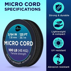 Micro Paracord – Black – 1.18mm x 38m – Micro Utility Cord – Thin Flocked…
