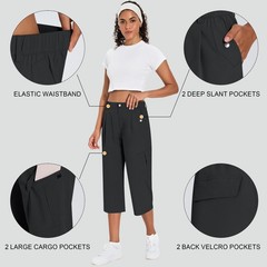 Women’s Cargo Capris Lightweight Quick Dry Hiking Pants Water Large, Black