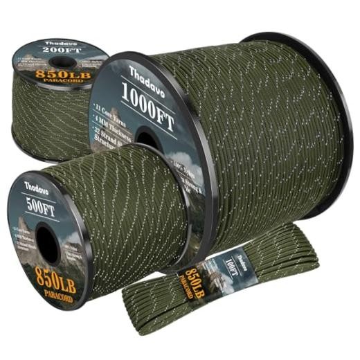 Reflective Paracord Rope 850Ib, 50/100/200/500/1000ft 4MM 11 200FT Army Green