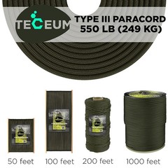 Teceum Paracord Type Iii 550 Army Green 200 Ft 4Mm Tactical Rope Mil-Spec