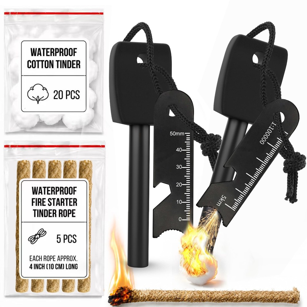 27 Piece Ferro Rod Fire Starter Survival Kit with Striker & Ropes 20 Waterproof