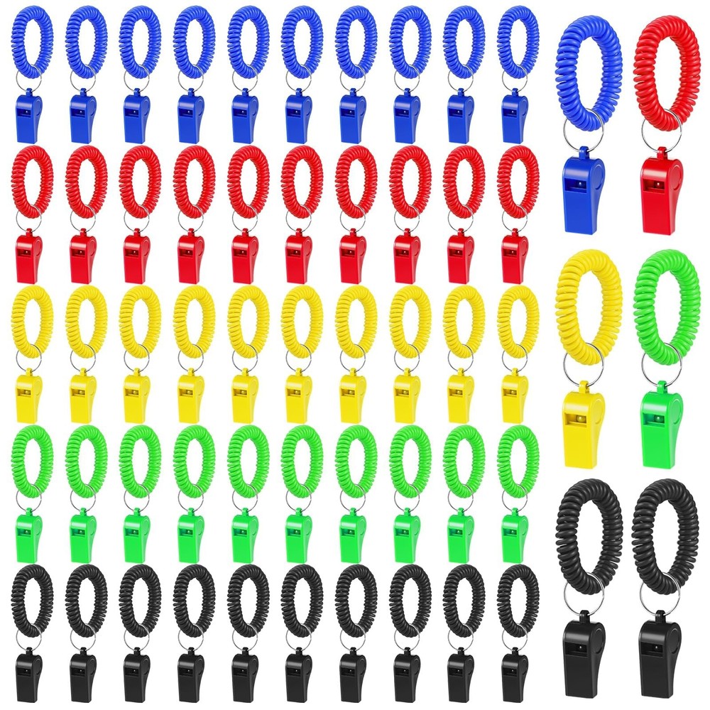 50 Pcs Sport Whistle with Bracelet, Multicolor Loud Clear Plastic Whistles wi…