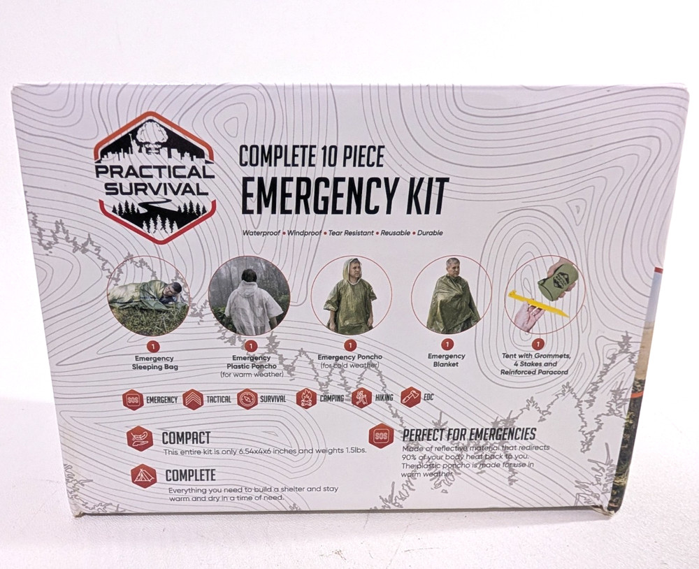 Practical Survival 10 Piece Emergency Kit – Tent, Sleeping Bag, Cold/Warm Poncho