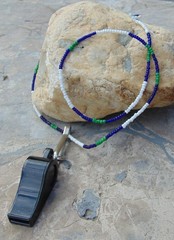 ATHLETIC BLACK PLASTIC WHISTLE ON NATIVE AMERICAN BEADED NECKLACE ~ 24″ LONG